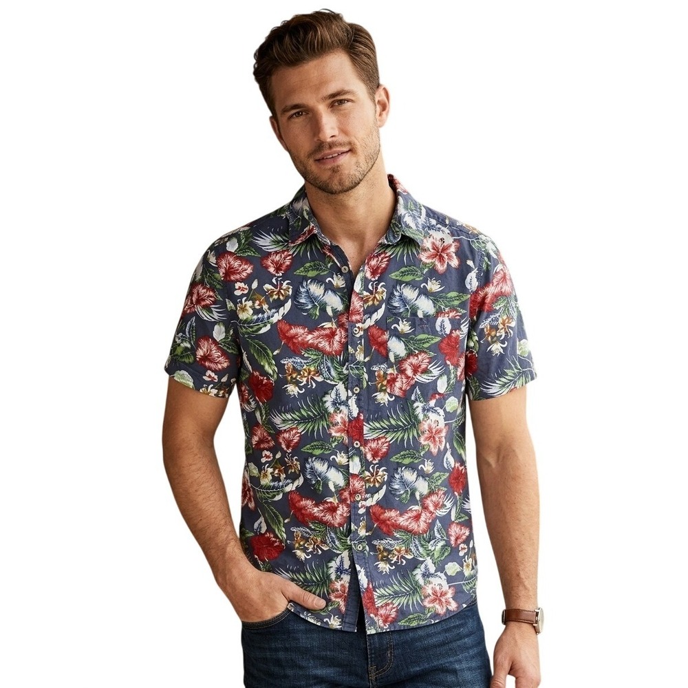Denim & Flower Mens Slim Fit Tropical Hibiscus Floral Short Sleeve Shirt Large